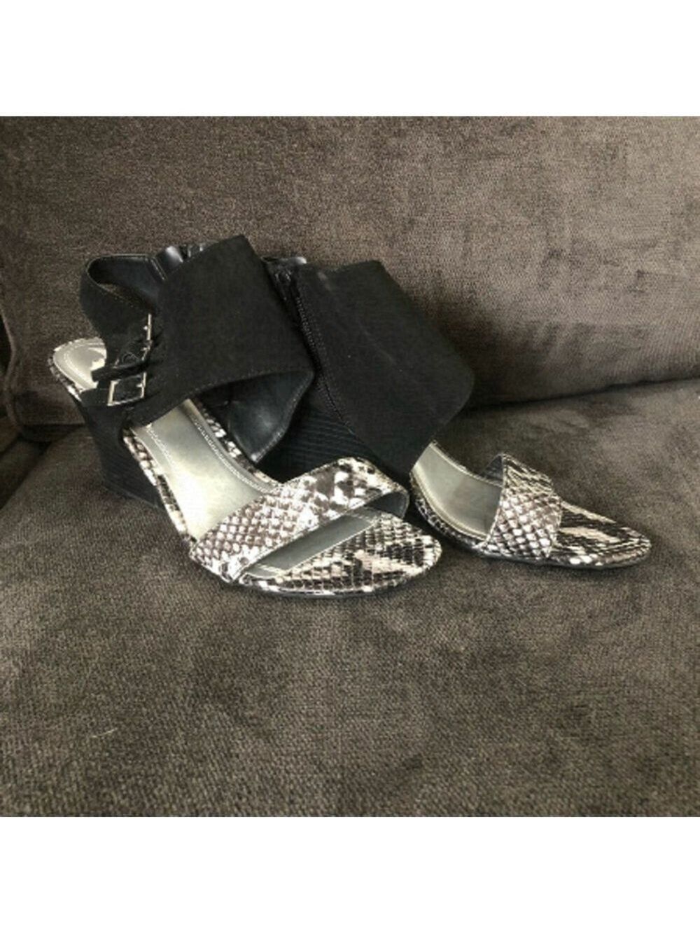 IMPO Size 7.5 Black Faux Suede/Snake Print Wedge Sandals